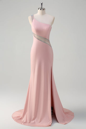 Sparkly Light Pink Mermaid One Shoulder Beaded Satin Long Formal Dress with Slit